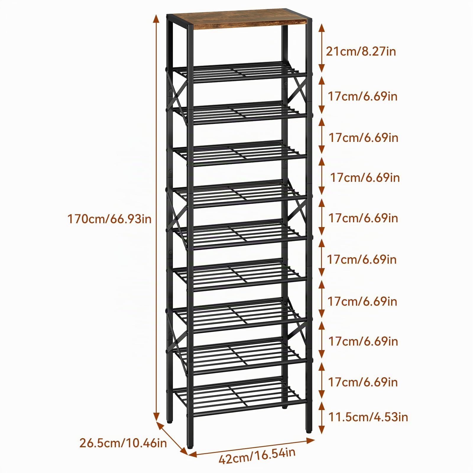 IBUYKE Zapatero Vertical con 10 Niveles, Estantería para Zapatos Alto Estrecho para 20 Pares, Zapatos Esquinero con Estante para Entrada Pasillo Sala de Estar, Marrón Rústico y Negro TXJ011H