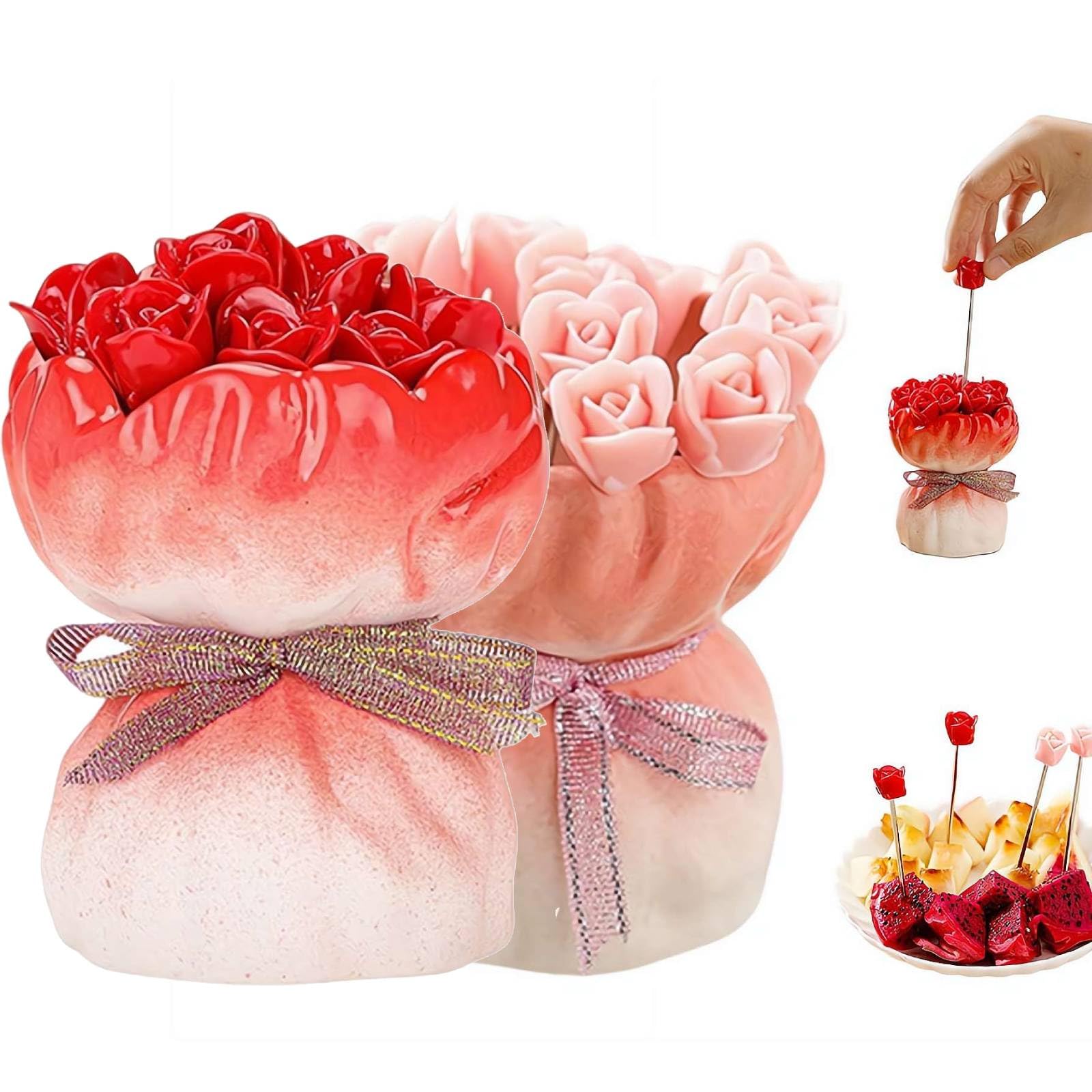 Juego de tenedores de frutas, 12 tenedores de postre de acero inoxidable en forma de rosa con elegante jarrón de almacenamiento de cerámica, tenedores novedosos para cocina, fiesta, comedor