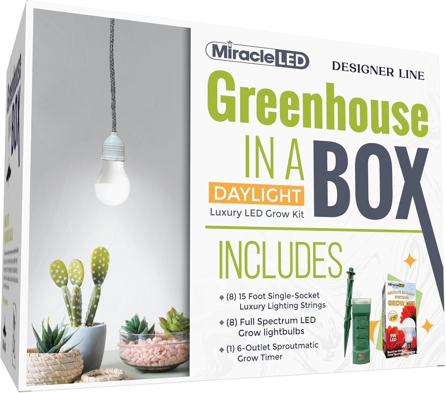 Miracle LED Greenhouse in a Box Designer Line Indoor Grow Kit - Includes Absolute Daylight Full Spectrum 100W Replacement Grow Bulb, 1 1-Socket Braided Plug-in Fixture with Timer (8-Pack)