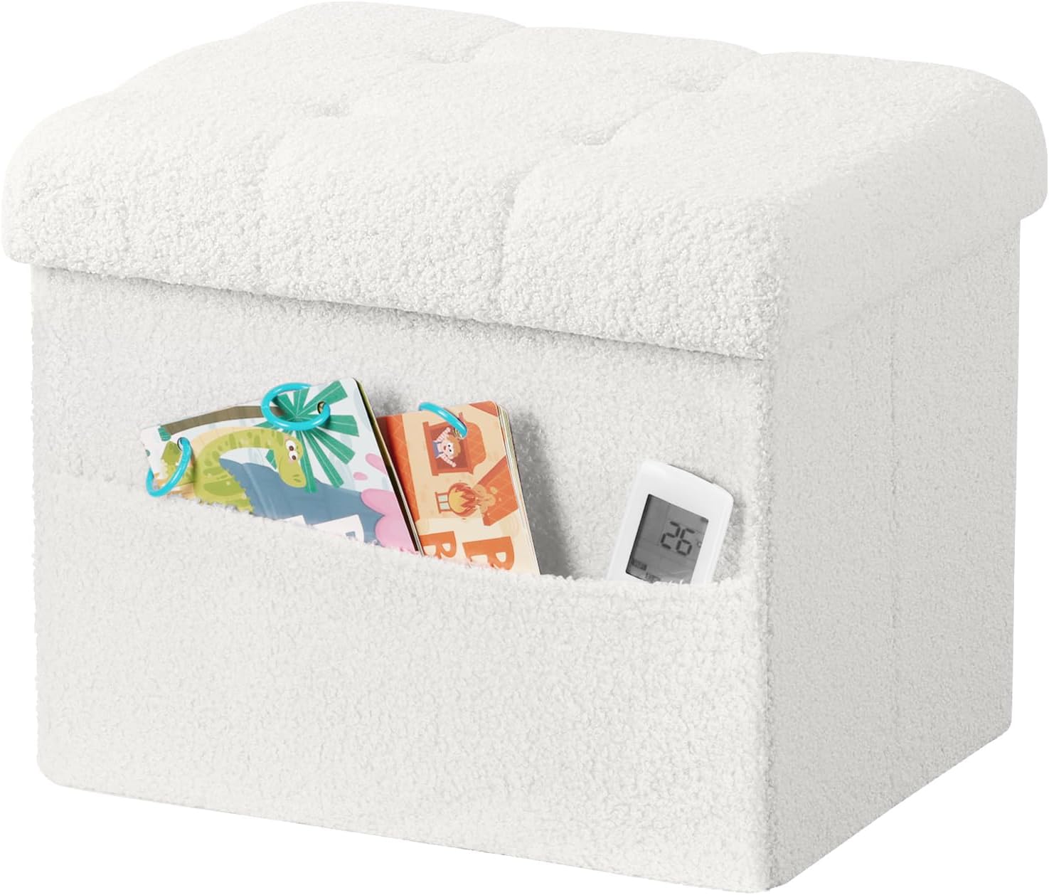 Storage Ottoman Foot Stool,Faux Teddy Tufted Foot Rest, Space Saver Chair with Storage,Ergonomic Stool for Bedroom/Living Room/Desk/Office (White, 17" D x 13" W x 13" H)