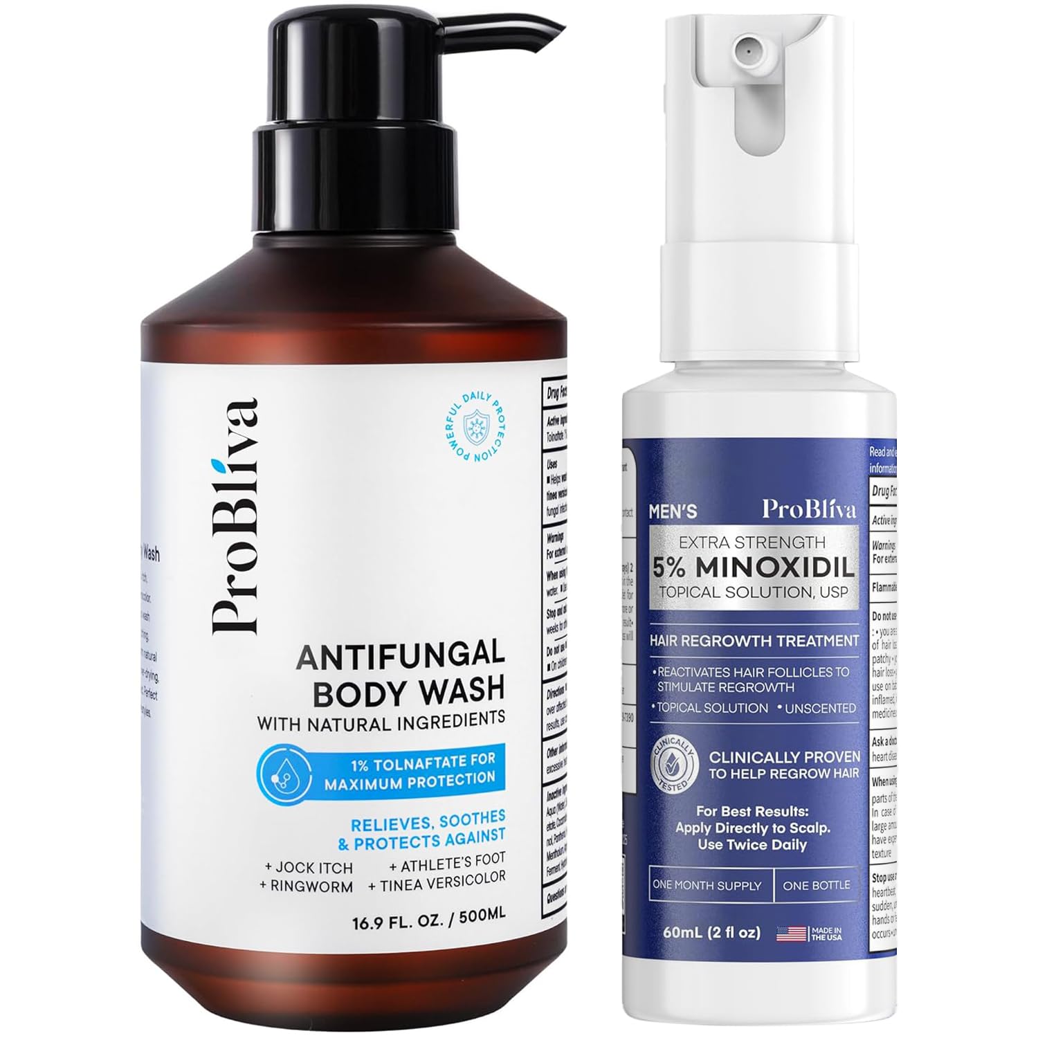 ProBliva Antifungal Body Wash 5 Minoxidil Spray for Men Complete Skin Hair Care Bundle Medicated Antifungal Cleanser with