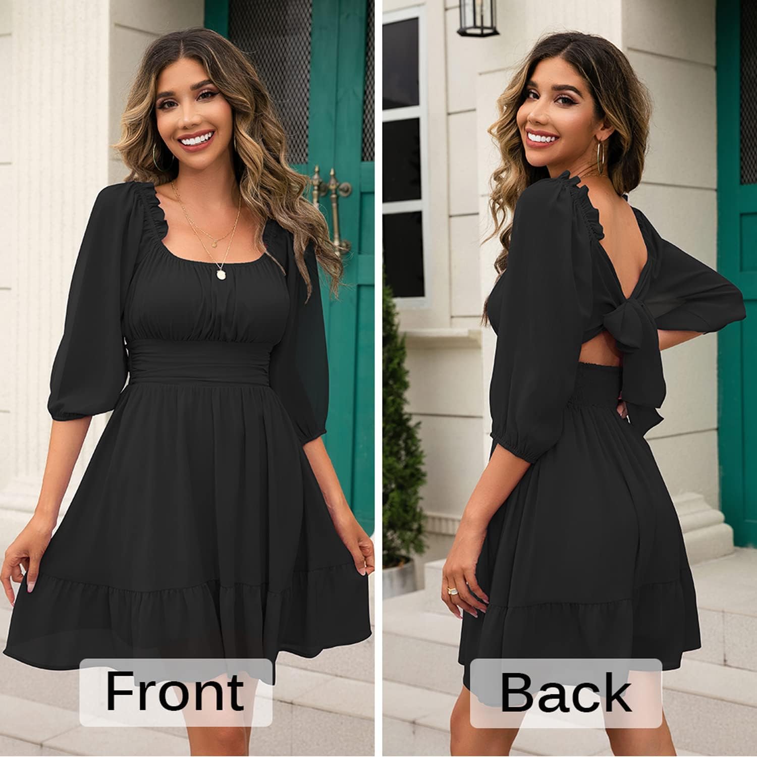 Phortric Womens Summer Tie Back Dress Square Neck Lantern Sleeve Off Shoulder Casual Mini Dresses - Image 4