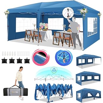 Hotele Gazebo 3 x 6 Folding Gazebo 3 x 6 Waterproof Stable Party Tent Pop Up Gazebo with 6 Side Walls 4 Sandbags and Carry Bag Perfect for Festival Party Garden Wedding Blue