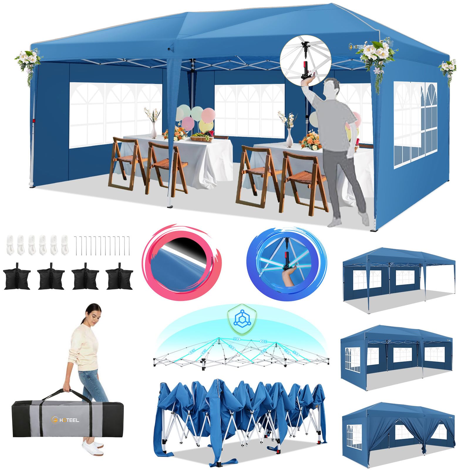 HOTEEL Gazebo 3x6 Pieghevole Impermeabile Con 6 Pareti Gazebo Esterno Resistente Robusto Professionale Richiudibile Per Feste, Matrimoni, Mercato, Con 4 Sacchi Di Sabbia E Borsa Per Il Trasporto