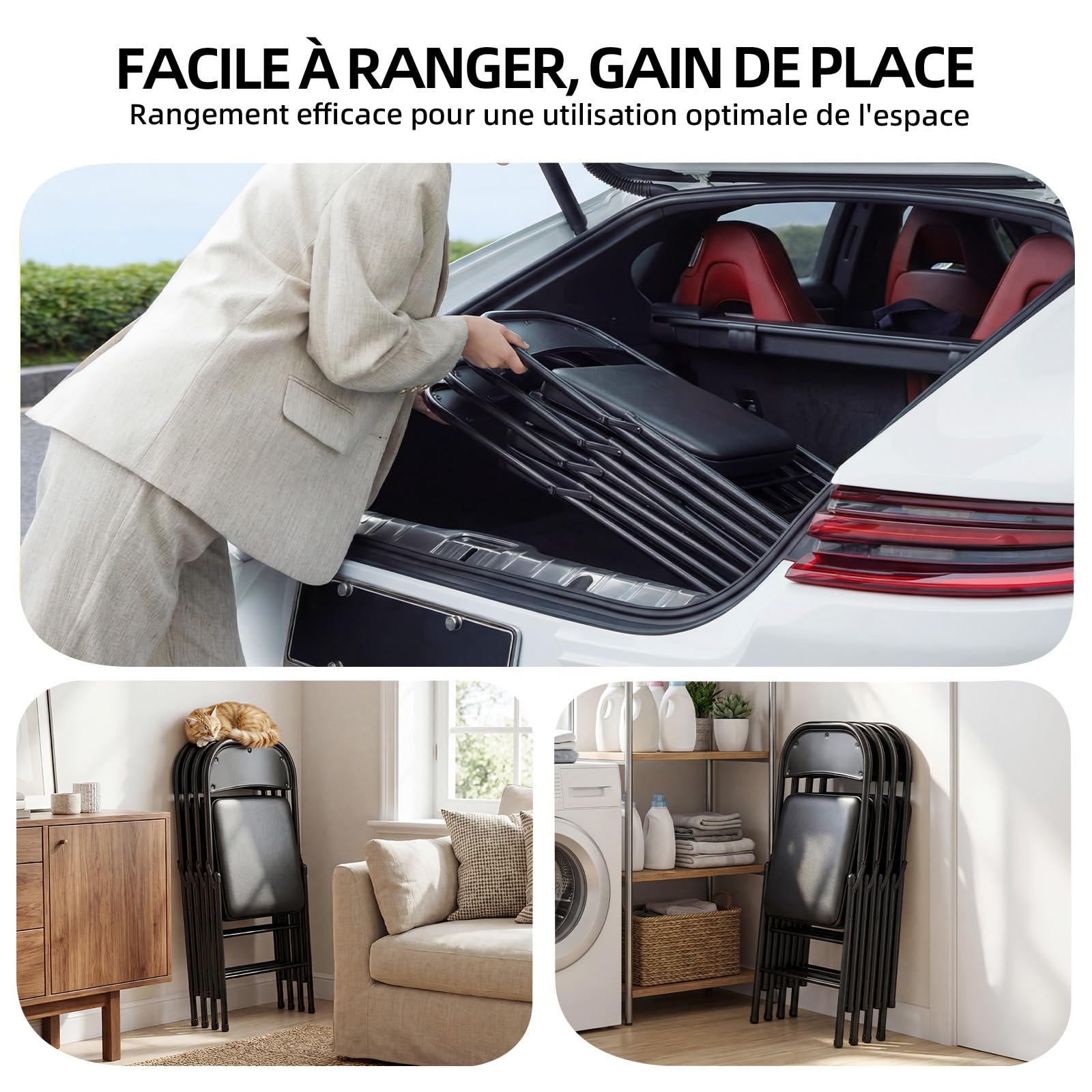 Lot de 6 Chaises Pliantes Rembourrées, Charge 158 kg, Cadre en Acier, Simili Cuir PU, Pliable Gain de Place, sans Montage, pour Salon, Salle à Manger, Camping, Jardin, Réception, Noir