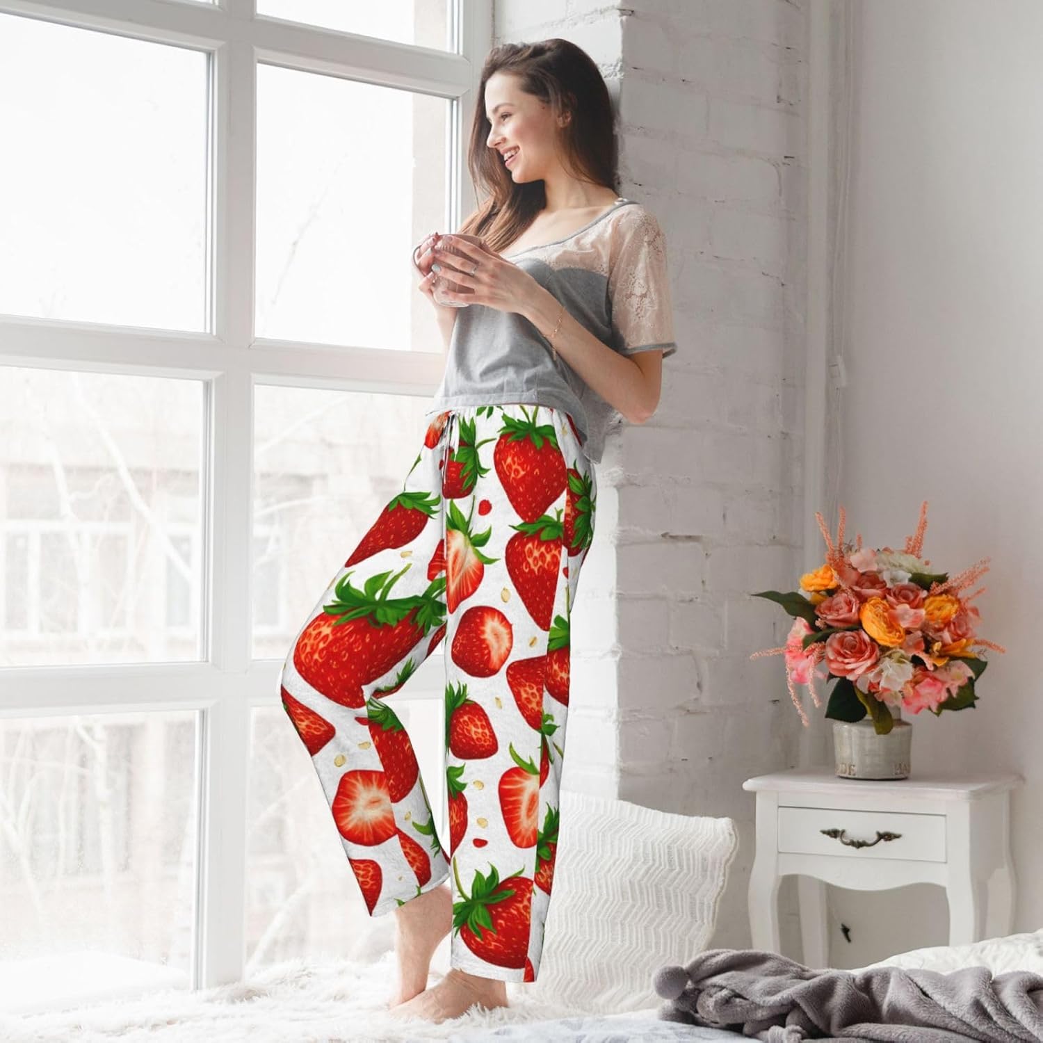 Strawberry Print Fashion Cozy Womens Flannel Pajama Pants,Perfect For Christmas And Everyday Wear