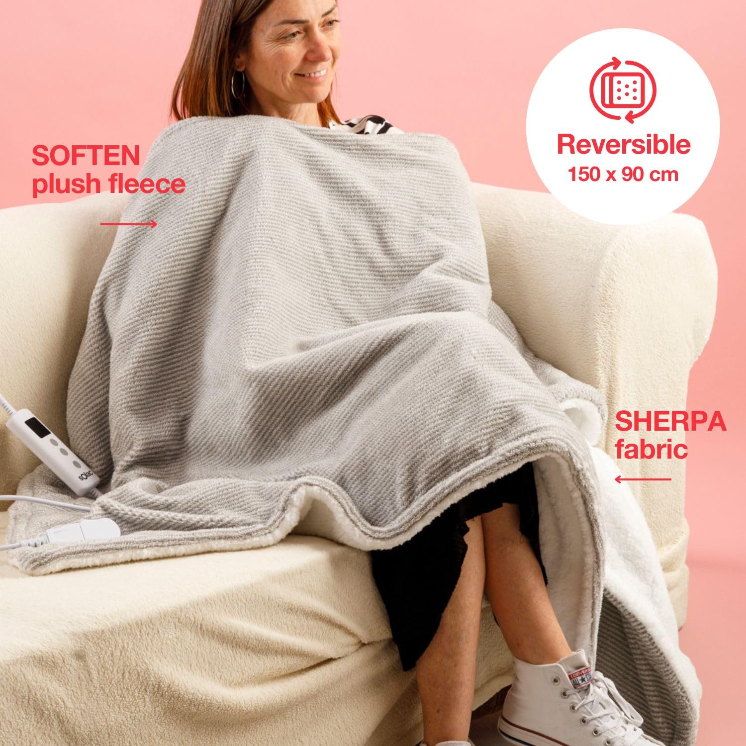 Solac - Coperta elettrica Kalmar 120 W, 8 livelli di temperatura, timer 9h, auto-spegnimento, protezione surriscaldamento, ultra morbido, adatto alla lavatrice a 30 °C