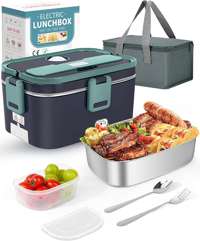 Innovagoods® Elektrische lunchbox, elektrisch, 50 W, met lepel en vork van roestvrij staal, perfect voor thuis, kantoor, wit, groen, energiebesparend