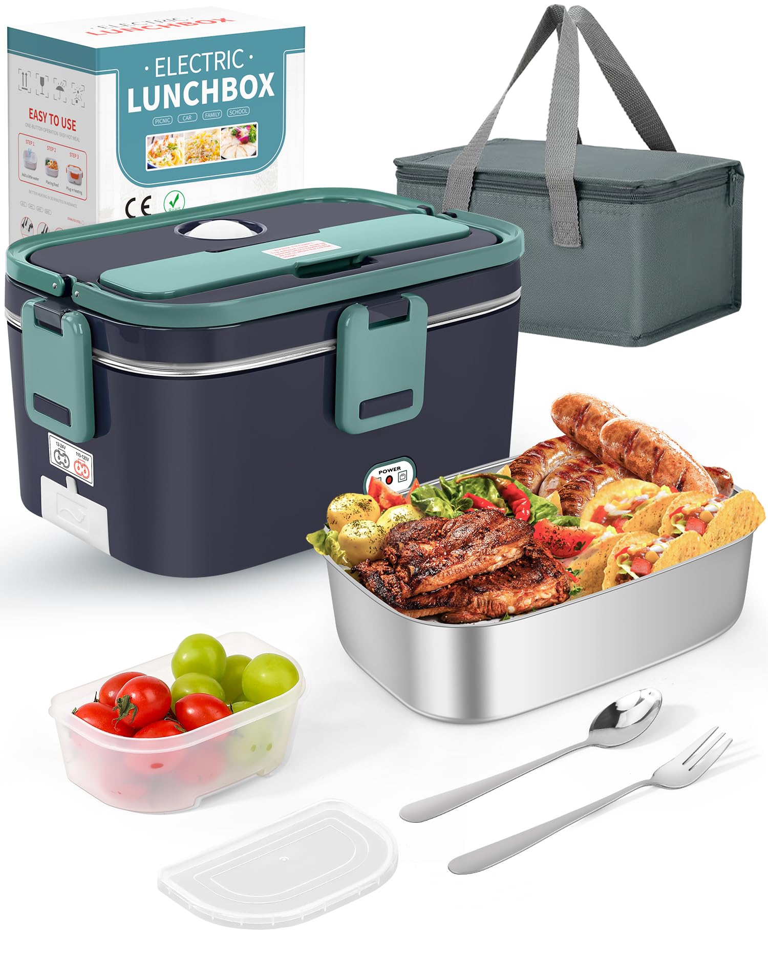 Eocolz Scatola per il pranzo elettrica con riscaldatore per alimenti 100W, scaldavivande con doppio contenitore 1,8 L portatile per auto, camion, lavoro in acciaio inossidabile con forchetta e
