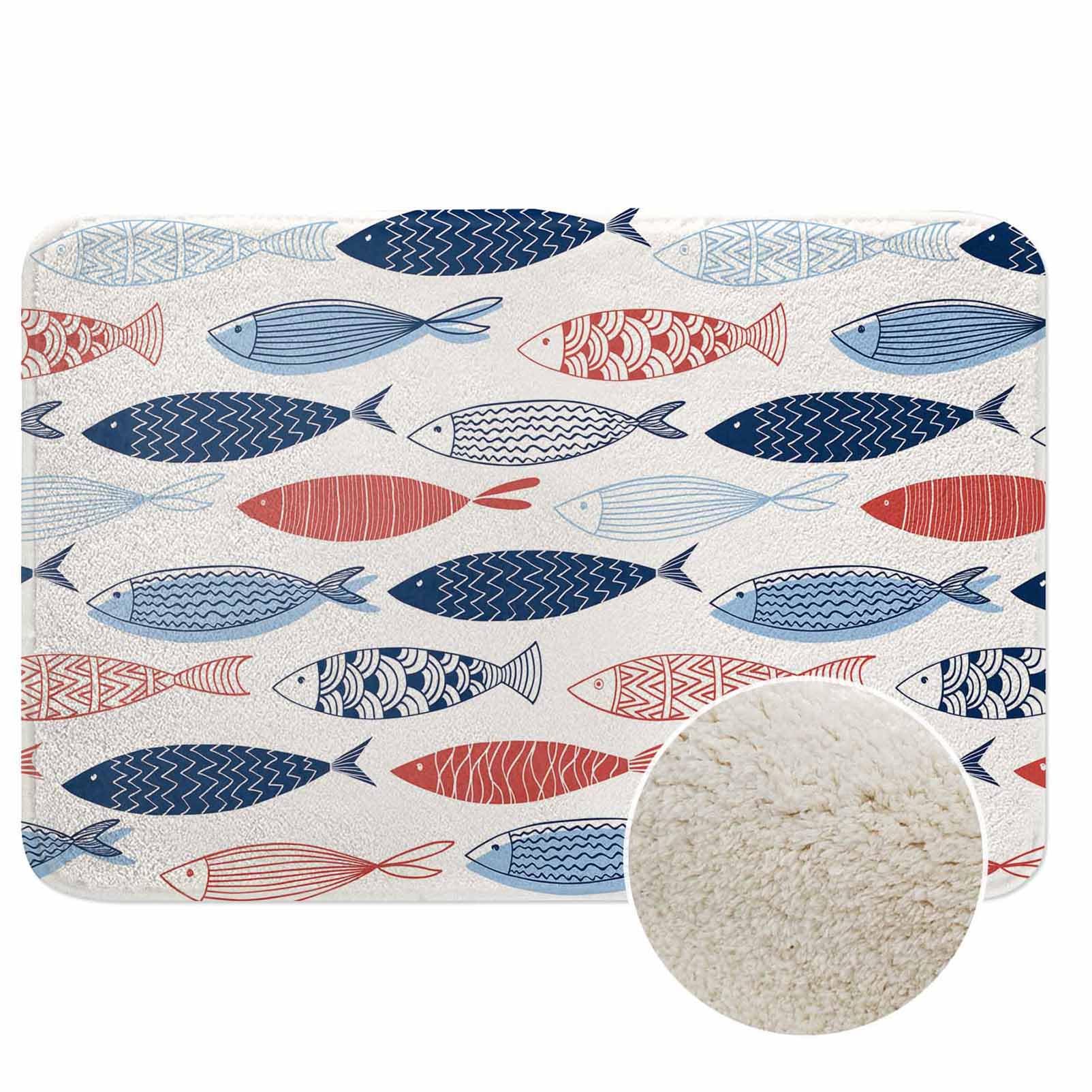 Lungtao Fish Bath Mat for Bathroom Red Blue Striped Fish Bath Rugs Door Mat Non Slip Rubber Backed Bathroom Floor Mat for Bathtub Sink Shower 16"X24"