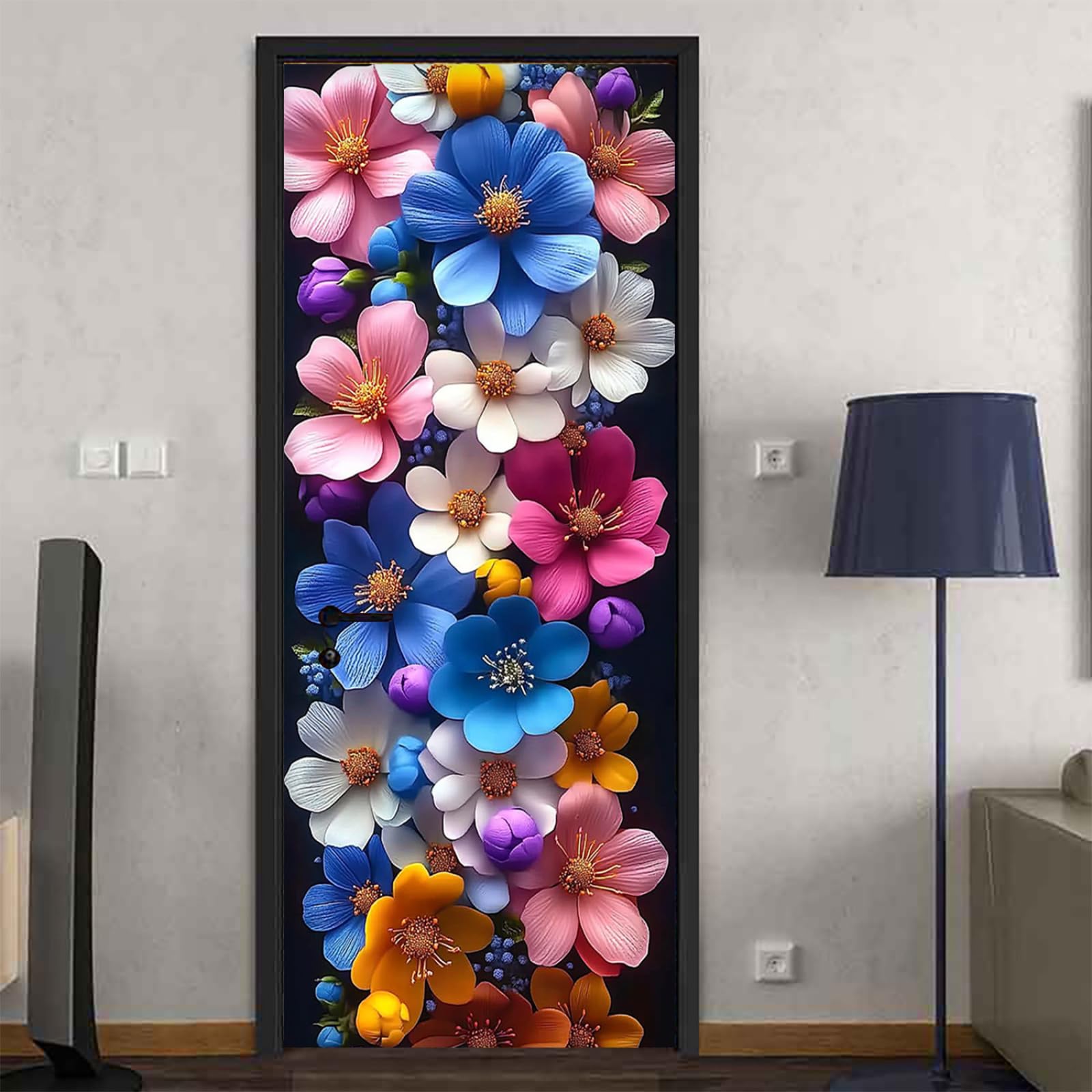 Autocollant mural pour décoration chambre ambiance fleurs 3D bleu rose HURUMA