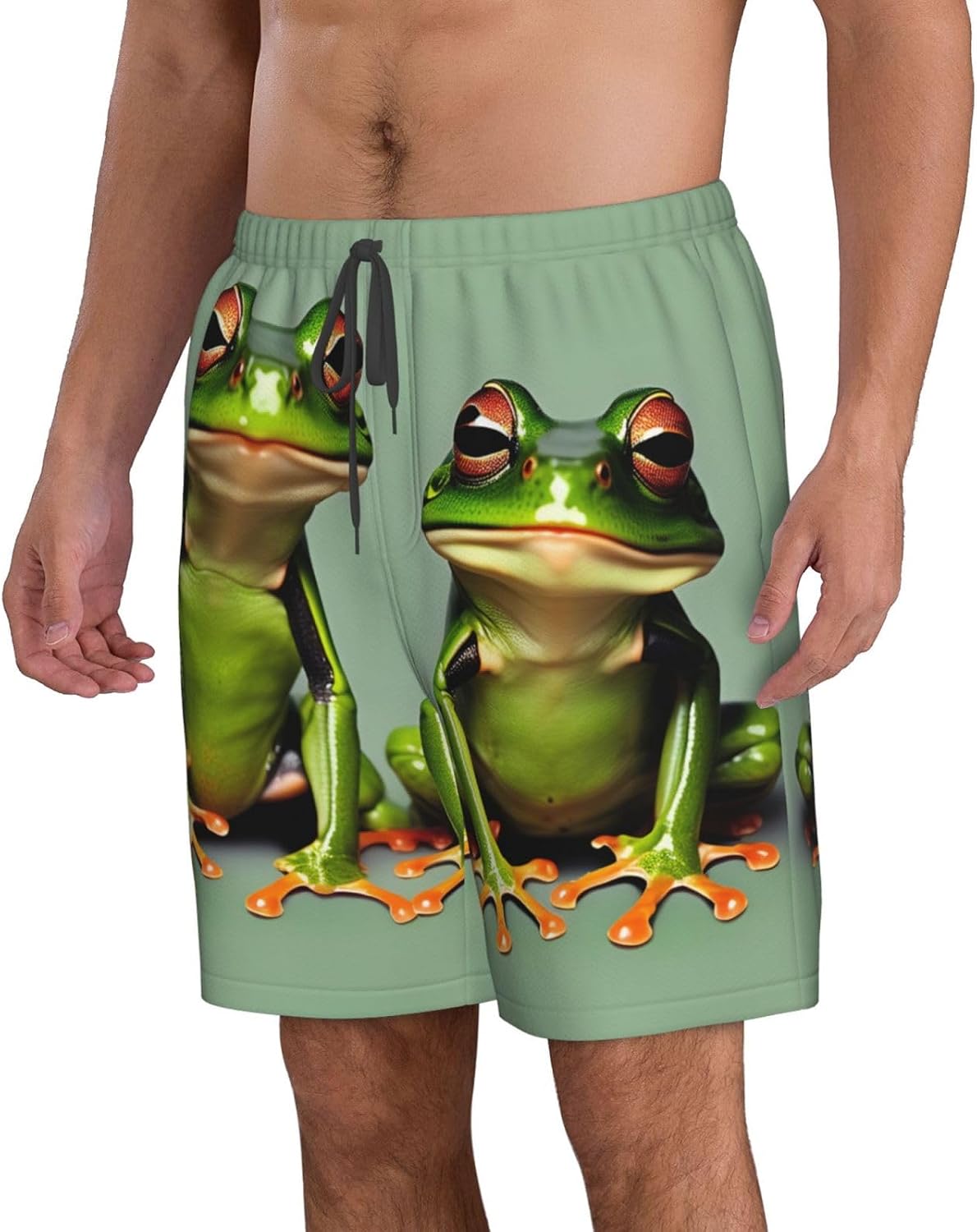 Mens Funny Green Frogs Print Beach Shorts,Casual Summer Shorts for Men,Quick Dry Polyester