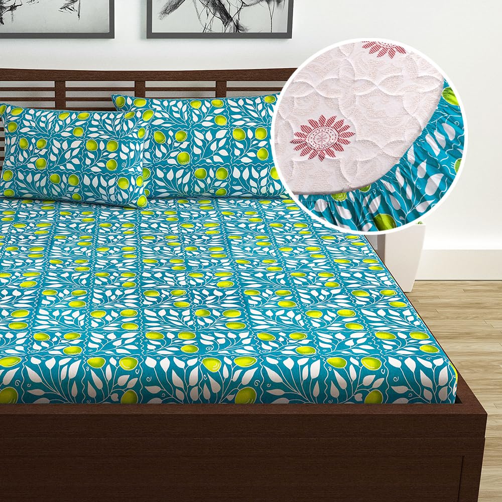 Divine Casa Blue and White Floral Pattern 144 TC 100% Cotton Elastic Fitted Printed Queen Size Double Bed Bedsheet with 2 Pillow Cover for Bedroom-picture-17