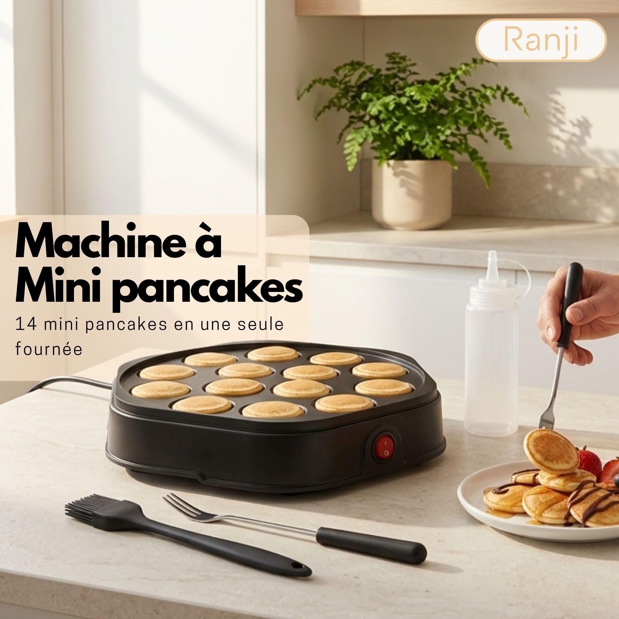 RANJI Machine à Mini Pancakes 14 Cavités avec Plaque Antiadhésive