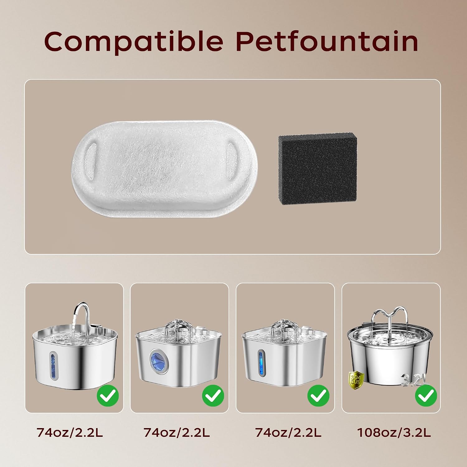 Cat Water Fountain Filter Replacement, 8 Pack Filters & 8 Pack Sponges | Replacement Filters for 74oz/2.2L & 108oz/3.2L Pet Water Fountain, 8 Filters + 8 Pre-Filter Sponges, 4 Month Supply