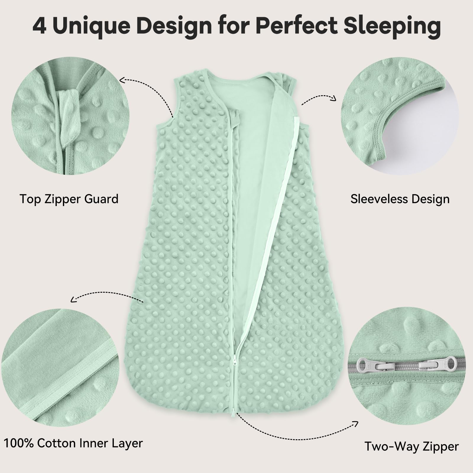 Unnivoll Baby Sleeping Bag 1.5 Tog with Plush Dots Sleep Bag 2 Pack Baby Sleep Sack Wearable Blanket for Newborn Infant 0-6 Months Forest Green - Image 3