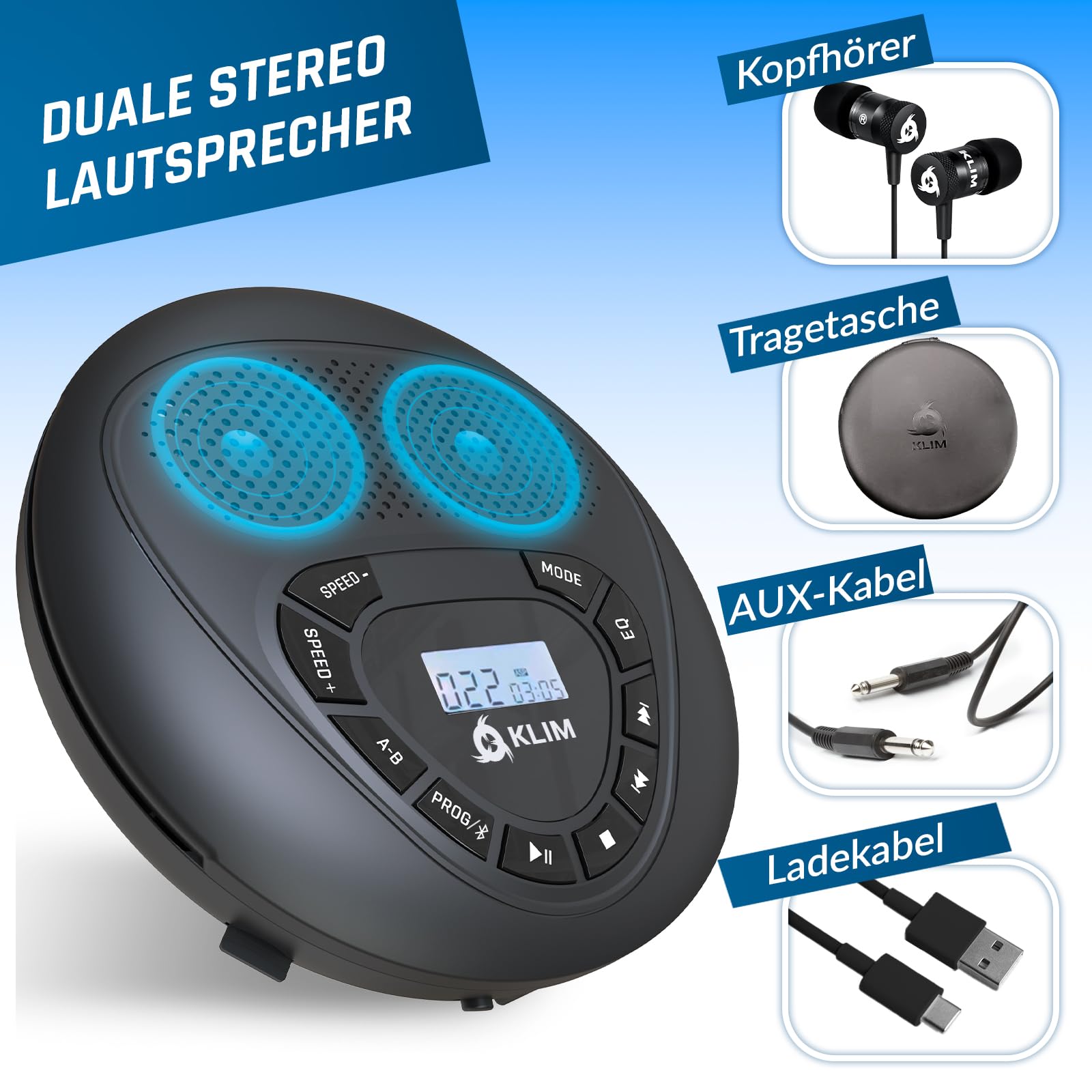 KLIM Speaker + Lettore CD Portatile Con Altoparlanti + Bluetooth + NUOVO + Batteria Ricaricabile + Lettore CD Stereo con Auricolari Inclusi + microSD + AUX + Ideale per l'auto