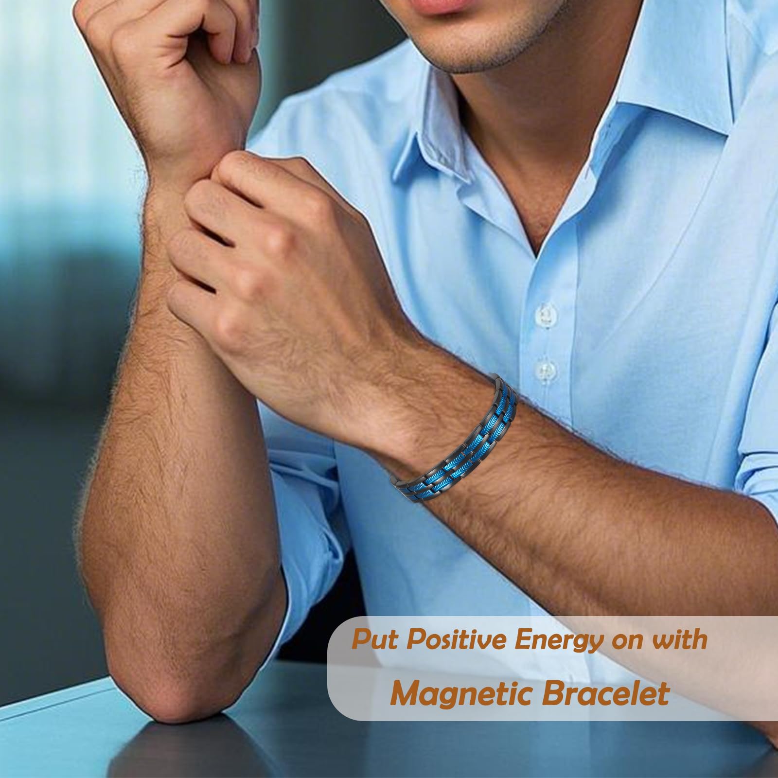 YINOX Pulsera magnética súper fuerte para hombre, pulsera magnética de acero inoxidable, pulsera de línea azul para hombre, incluye 16 imanes NdFeB y caja de regalo (21 cm)
