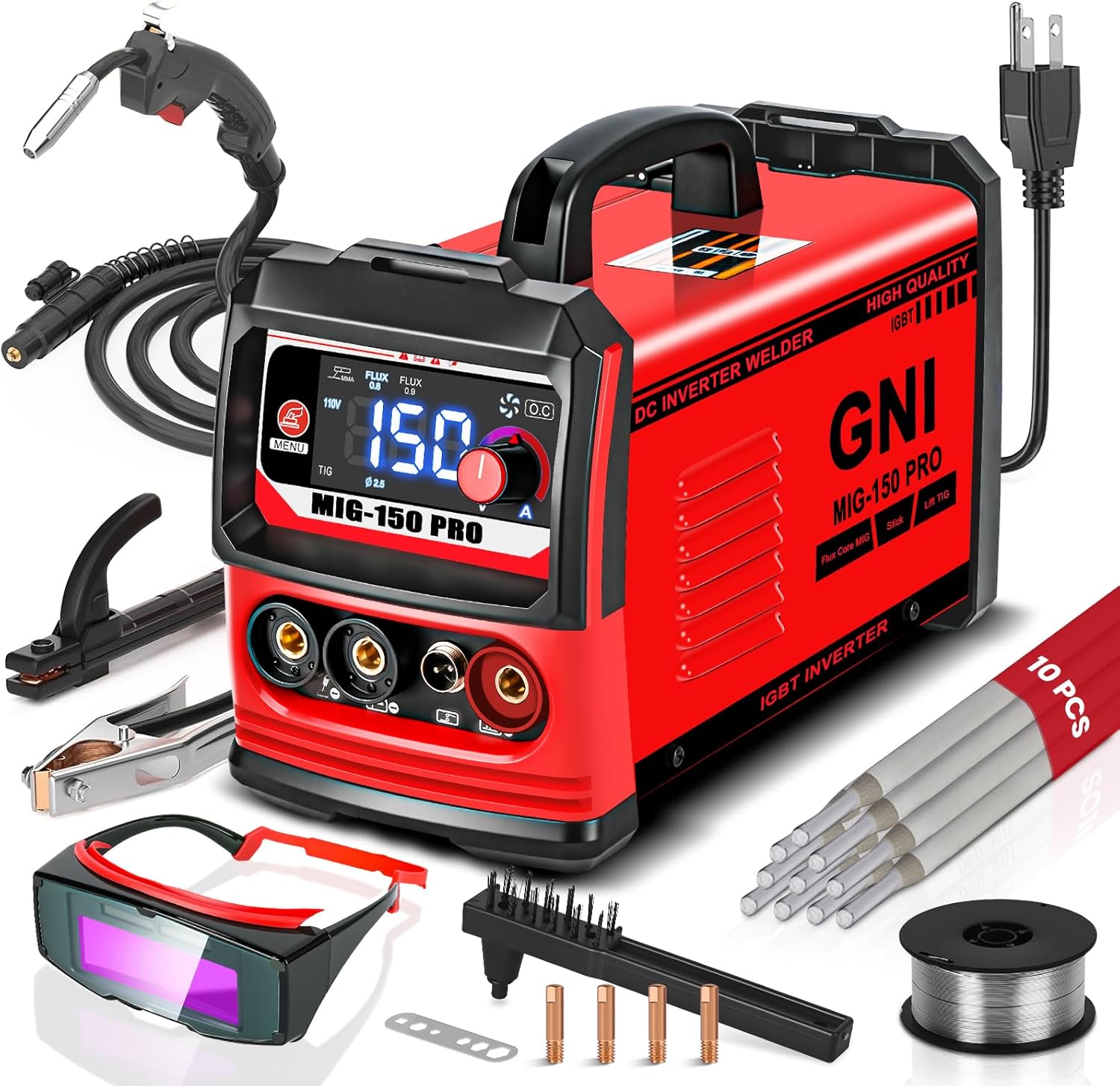 GNI Multiprocess Welder, MIG/TIG/Stick Welding Machine, IGBT Inverter Portable MINI Welder Machine 110V, Beginner-Friendly MIG Welder with Auto-Darkening Goggles, 150A Flux Core Welder for Home DIY