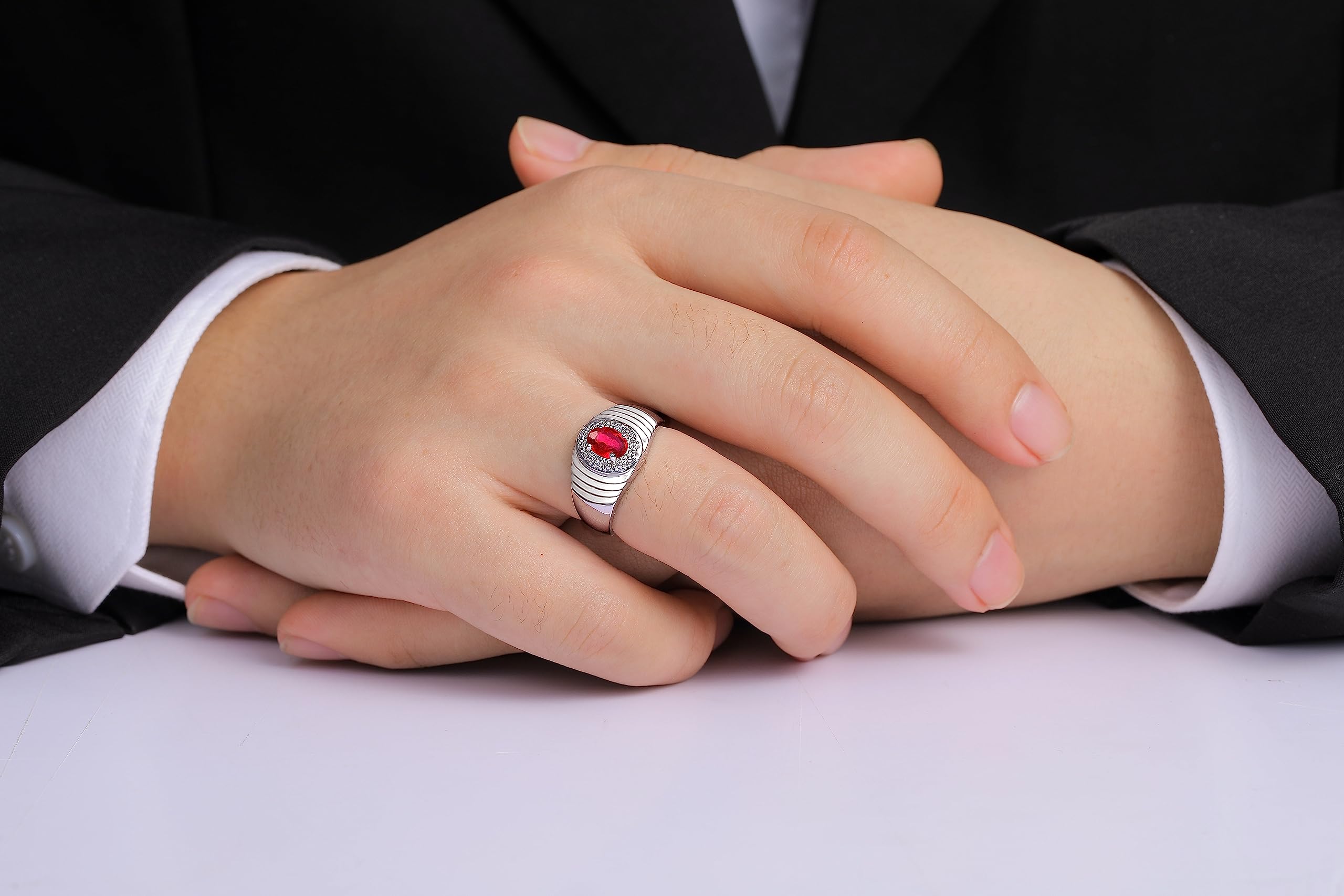 RYLOS Mens Rings Sterling Silver Classic Halo Of Genuine Diamonds 7X5MM Oval Gemstone Designer Ring Ruby July Birthstone Rings For Men, Men's Rings, Silver Rings, Sizes 8,9,10,11,12,13