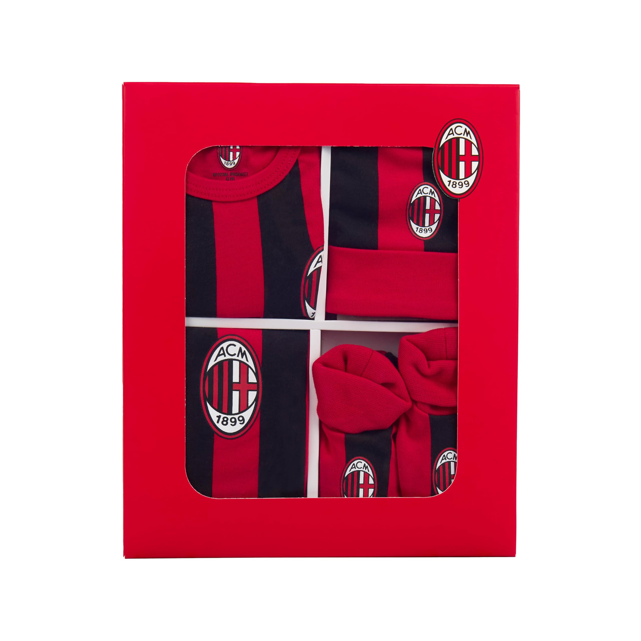 A.C. Milan - Scatola Regalo 4 Pezzi, Body Manica Corta, Calzini, Cuffietta e Bavaglino, Prodotto Ufficiale