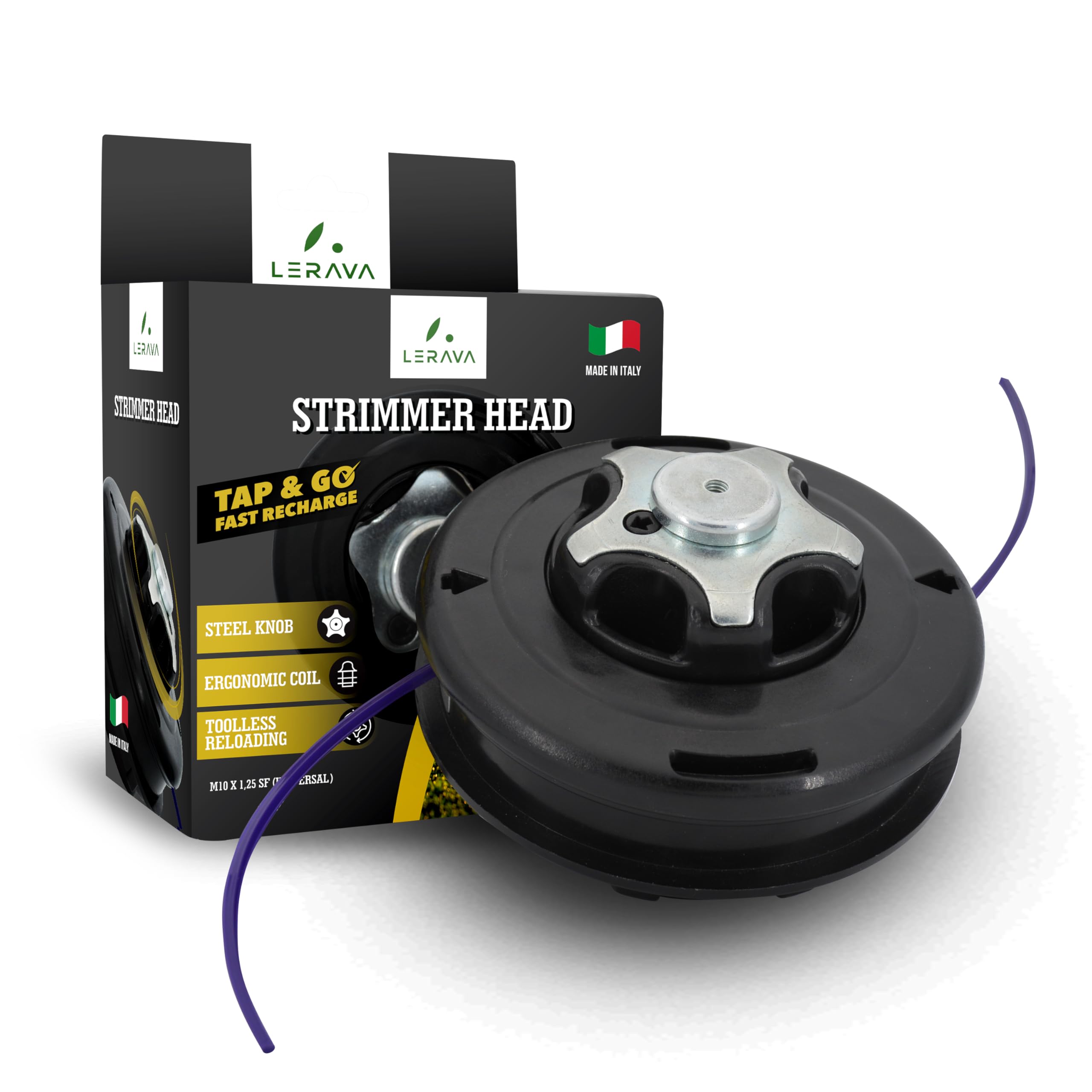 LERAVA Strimmer Head - M10x1.25 Universal Wire Trimmer Head - Bump Feed Tap & Go Brushcutter Head with Steel Knob - Petrol Strimmer Replacement Head - Made in Italy