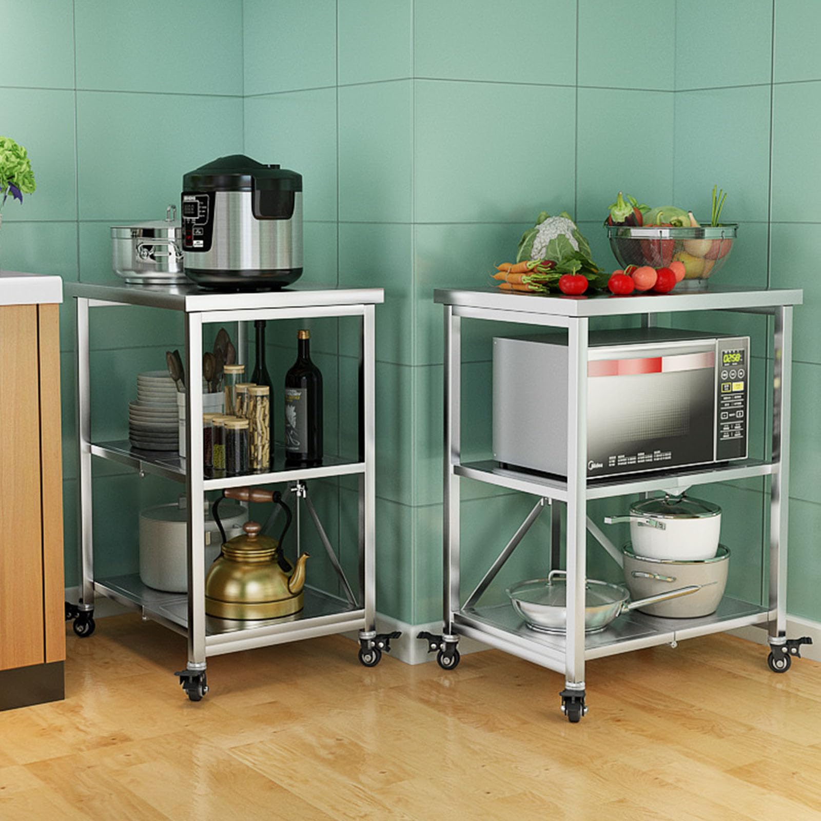 Carro De Acero Inoxidable con 3 Estantes, Carro De Cocina con Ruedas De Freno, Estante Plegable Y Rodante para Catering, Carro De Transporte para Cocina De Restaurante