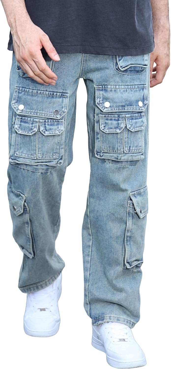 LOGEQI Mens Baggy Cargo Jeans Wide Leg Hip Hop Jeans Streetwear Loose Fit Denim Pants