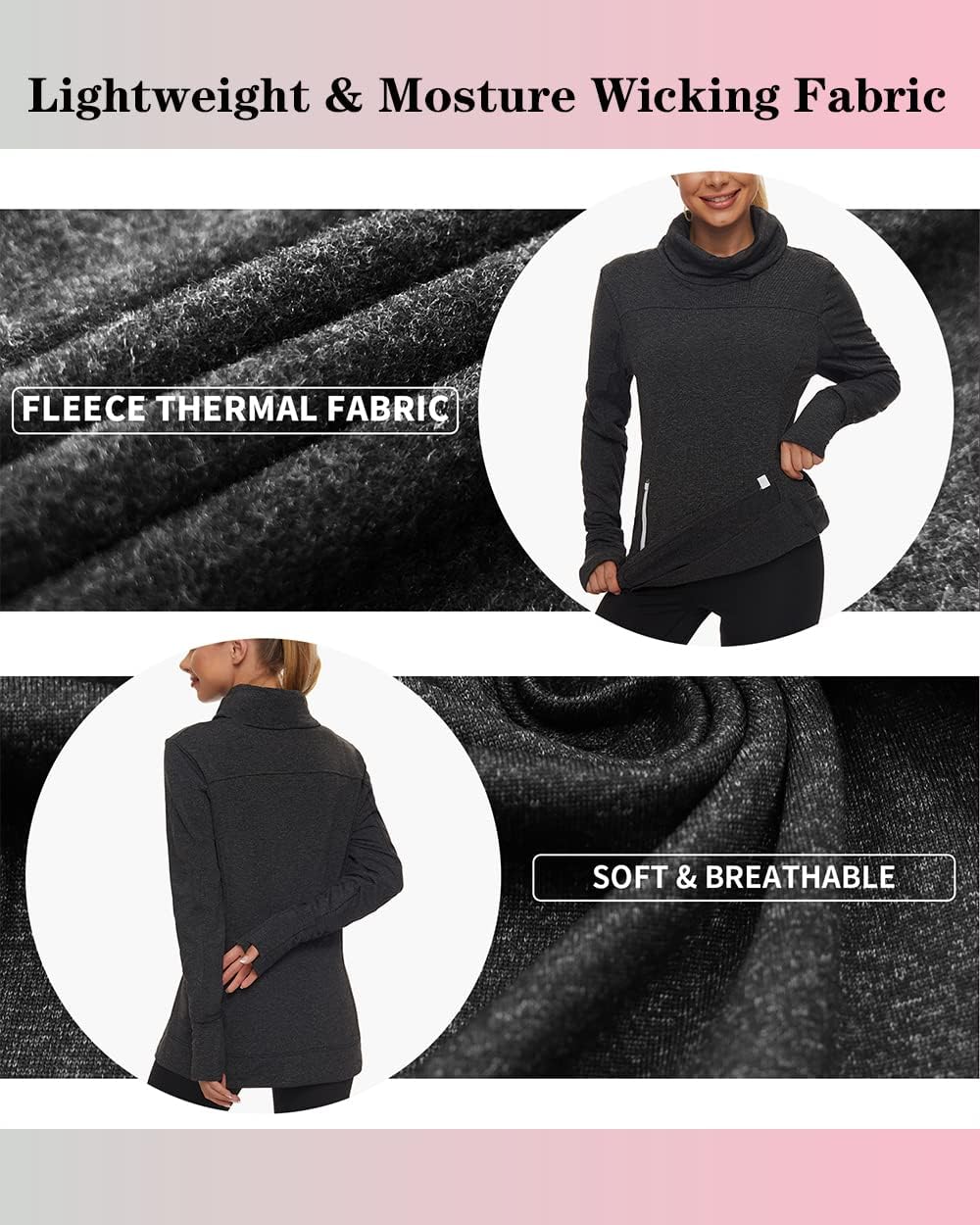 Soneven Women's Running Fleece Sweatshirts Cowl Neck Thermal Pullover Long Sleeve Shirt with Pocket and Neck Gaiter Face Mask - Image 4