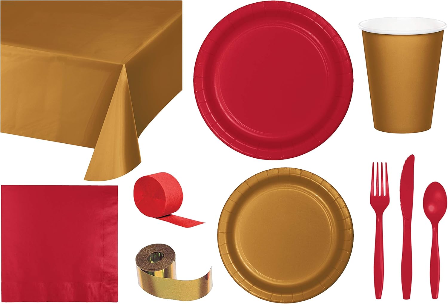 Baxters Party Bundle Bulk, Tableware for 24 People Gold and Red, 2 Size Plates Napkins, Paper Cups Tablecovers and Cutlery, Box of 199