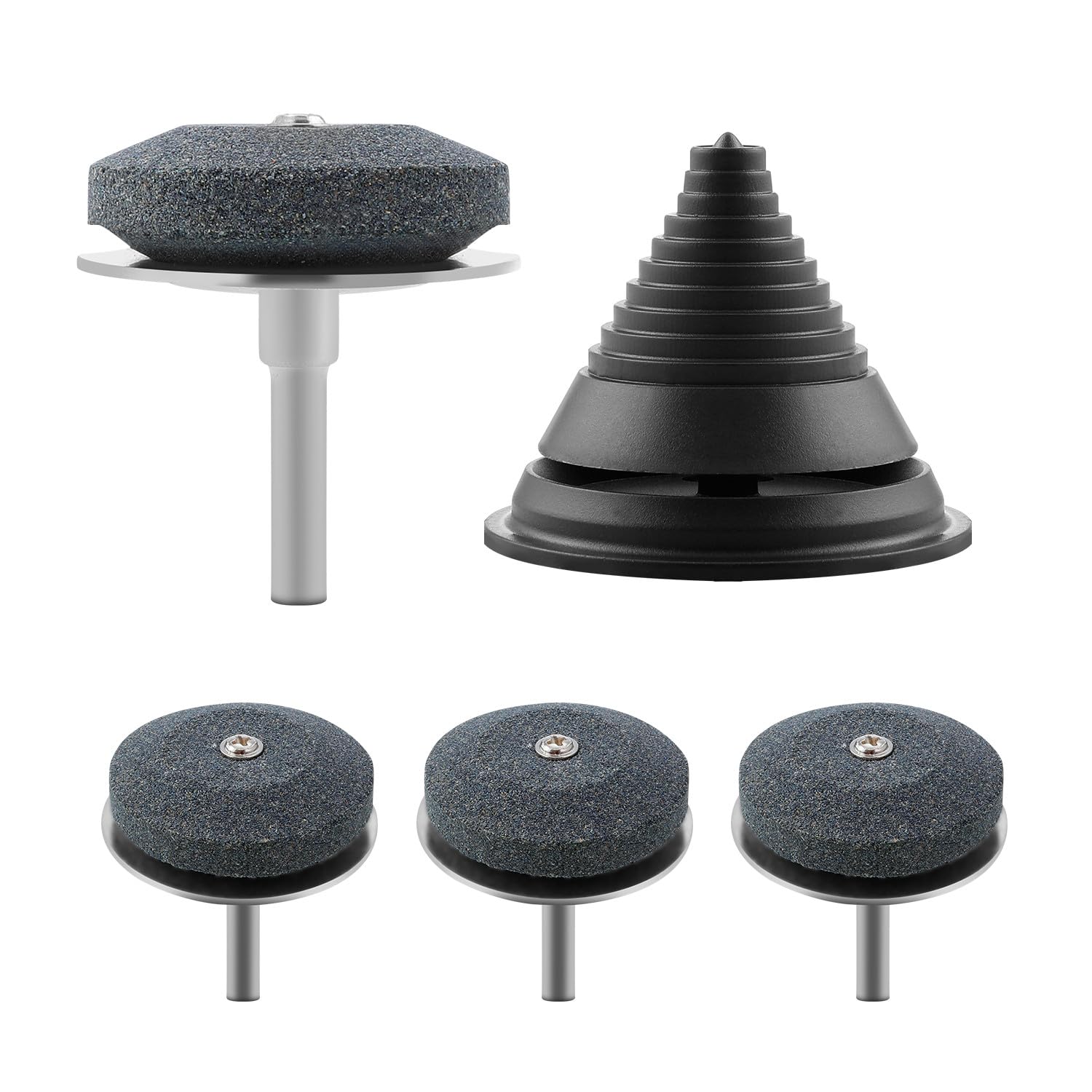 Universal Lawn Mower Blade Sharpener Kit with Steel Backing, 4 Pack lawnmower blade sharpener for Drill, High Temperature Resistance, Includes Free Balancer, Enhance Blade Performance & Durability