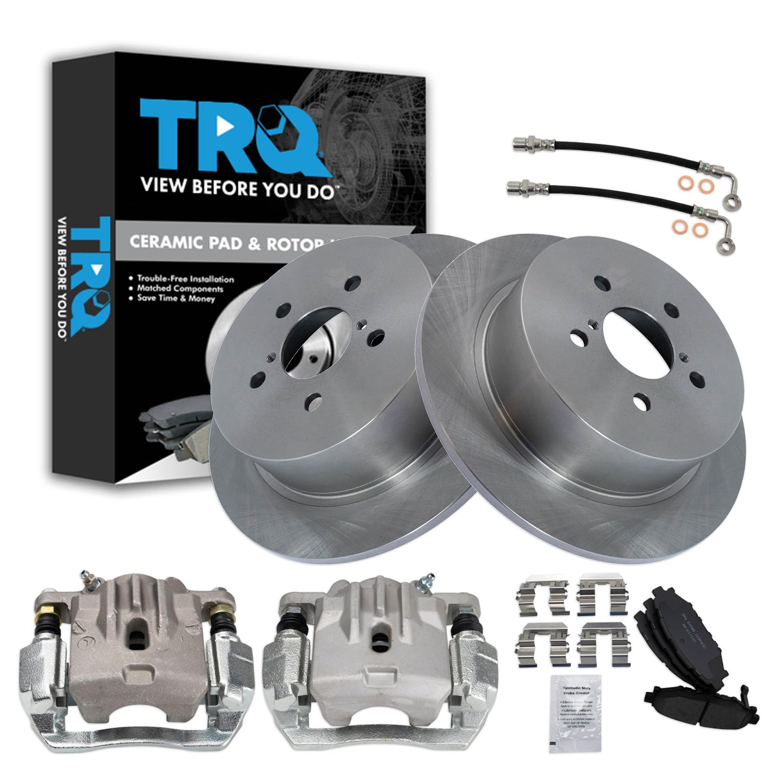 TRQ Rear Brake Pad and Rotor Set Ceramic Rotors Calipers Compatible with 2006-2009 Subaru Legacy
