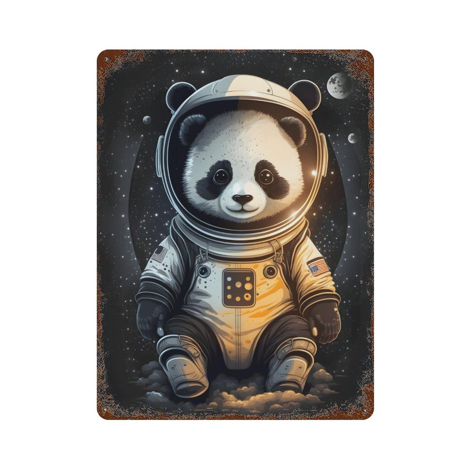 Panda Astronaut Space Suit Aged Metal Wall Plaque 15.7"x11.8", for Basement, Hobby Room And Garage Decor, Rustic Home Decor