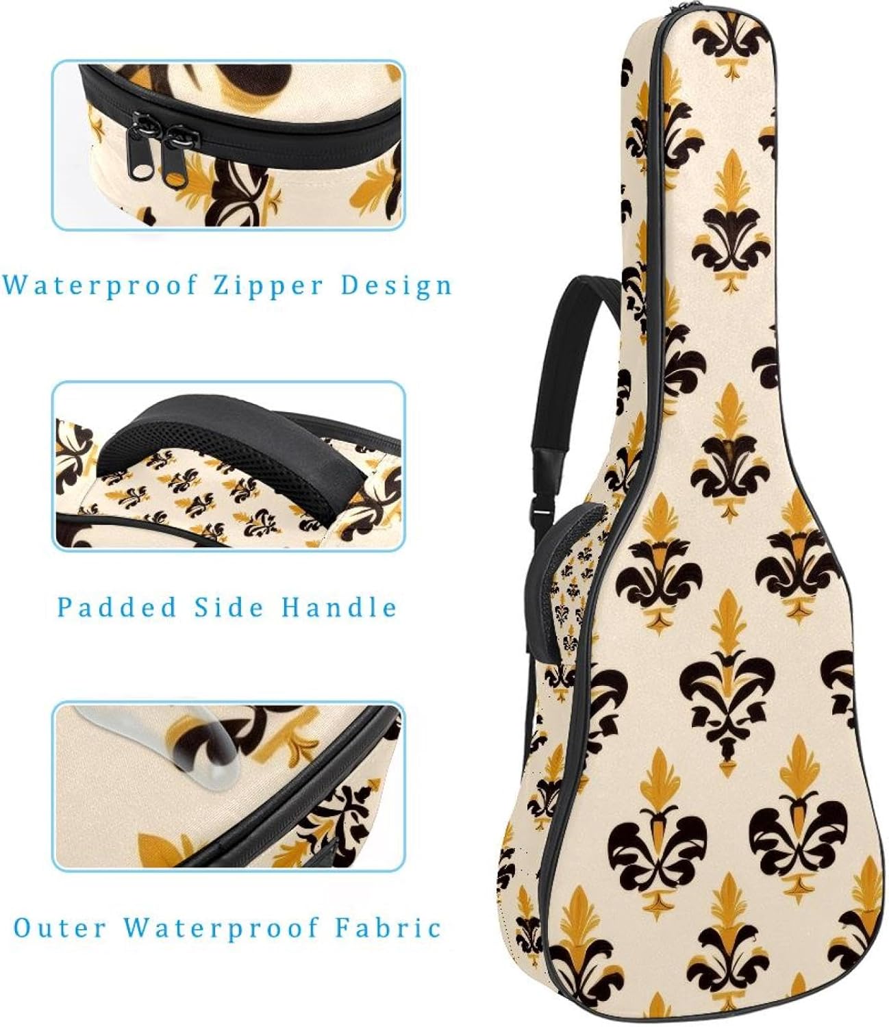 40 41 42 Inch Acoustic Guitar Bag, 0.4 In Thick Sponge Padded Guitar Case Gig Bag with Back Hanger Loop and 2 Pockets, Retro Mardi Gras Fleur de lis