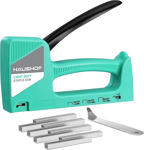 Vista 17 de HAUSHOF Pistola de grapas ligera, pistola de grapas para tapicería con 800 grapas JT21 y removedor de grapadoras, se adapta a grapas JT21 de 1/4