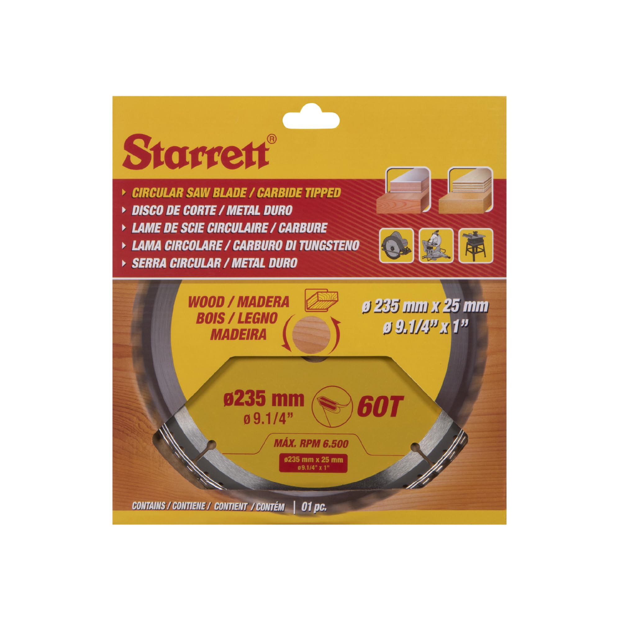 Starrett Lame de scie circulaire TCT 235 mm pour bois, 60 dents, alésage 16/19/25 mm