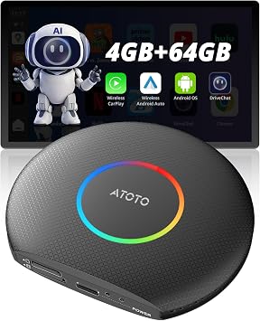 ATOTOZONE CB6 CarPlay AI Box & Android AI Box, Wireless CarPlay/Android Auto Adapter, Plug & Play CarWave Car Smart Box with AI DriveChat, GPS Track, Android 13, 2 BT, 4G LTE, 4G+64G, Black