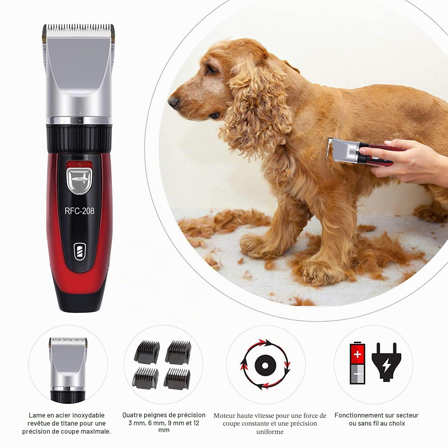 Ceramics RFC-208 Kit de toilettage pour animaux de compagnie silencieux et silencieux avec technologie Turbo Sense et 4 embouts pour 25 longueurs de coupe, tondeuse sans fil rechargeable pour animaux