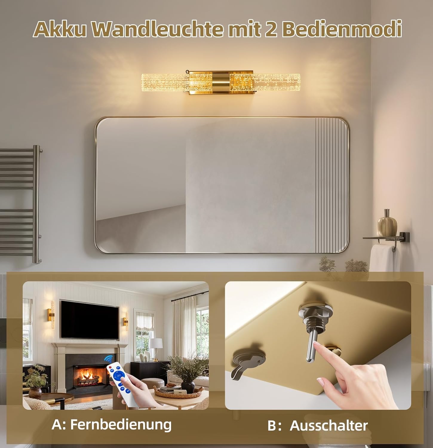 Wandleuchte Innen Akku mit Fernbedienung, Moderne Zylindrischer Blasenlinse 12000mAh Wandlampe, Dimmbar,Timer, 3000K, Kabellos & Ohne Bohren, Für Schlafzimmer,Wohnzimmer, Flur, Gold,2 Set(39CM)