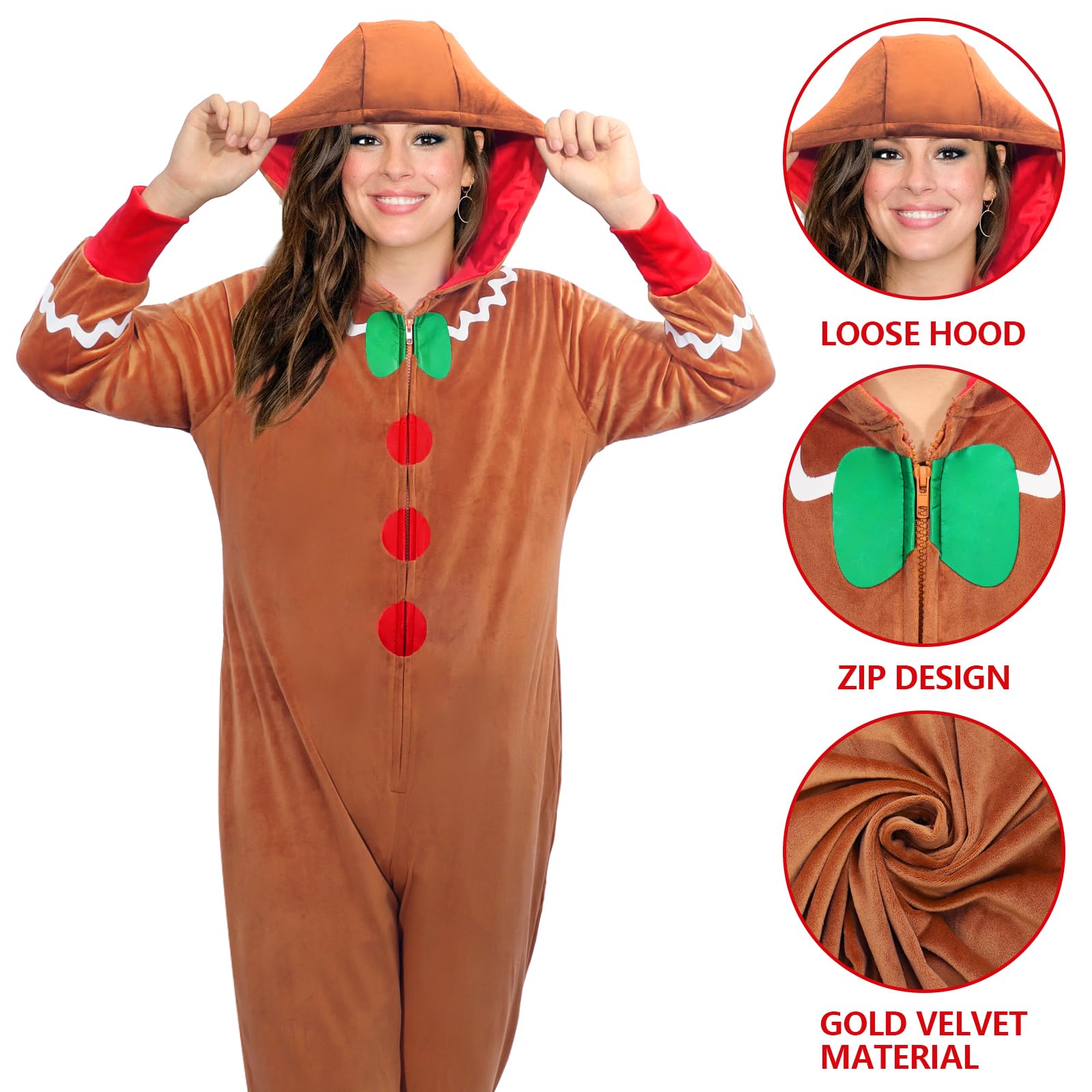 Mprocen Festive Gingerbread Man Jumpsuit Adult Christmas Onesie Costume Xmas Party Pajamas Holiday Cosplay Outfit(XL) - Image 3