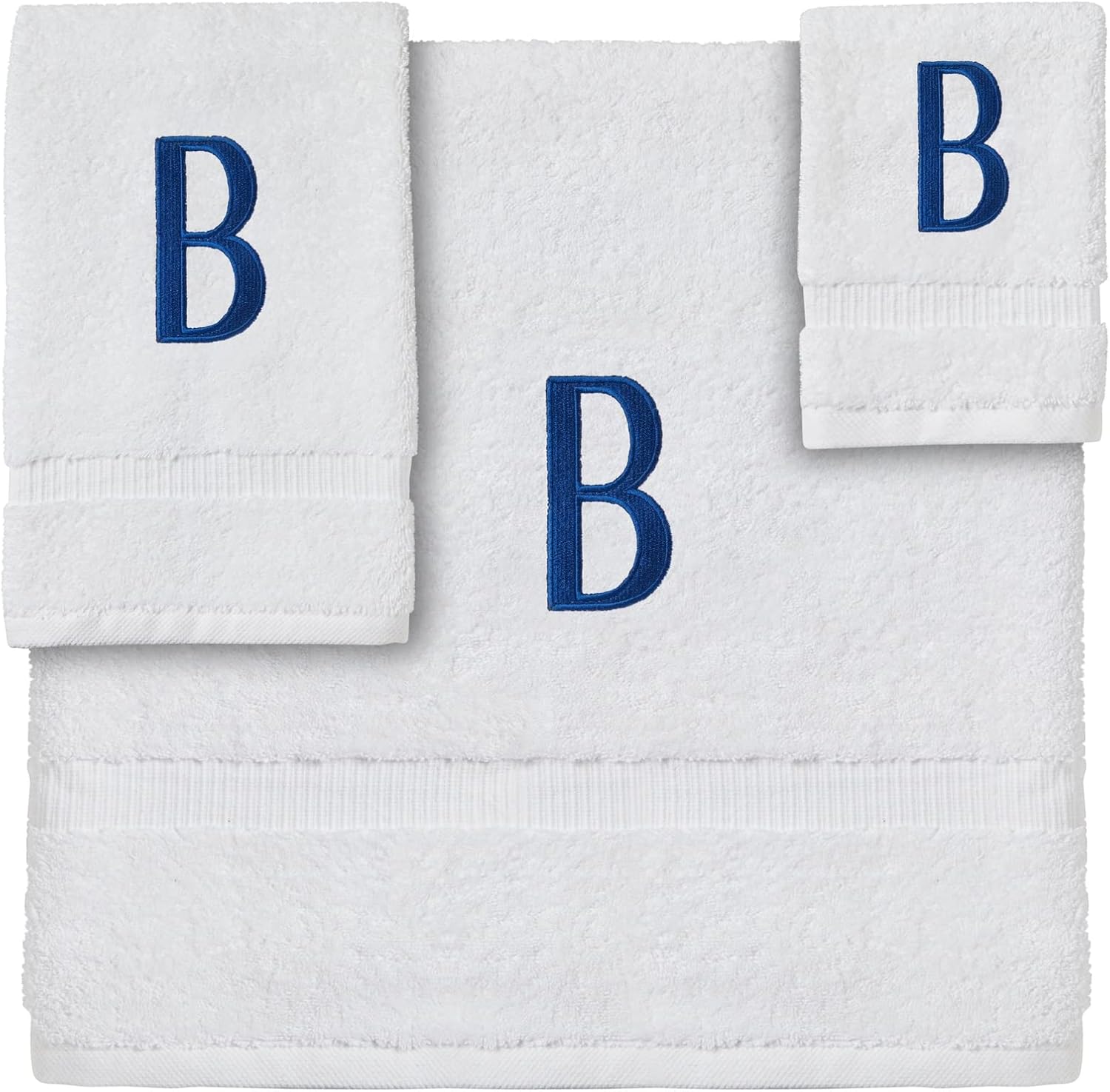 Juvale 3 Piece Letter B Monogrammed Bath Towels Set, White Cotton Bath Towel, Hand Towel, and Washcloth with Blue Embroidered Initial B for Wedding Gift, Bridal Shower