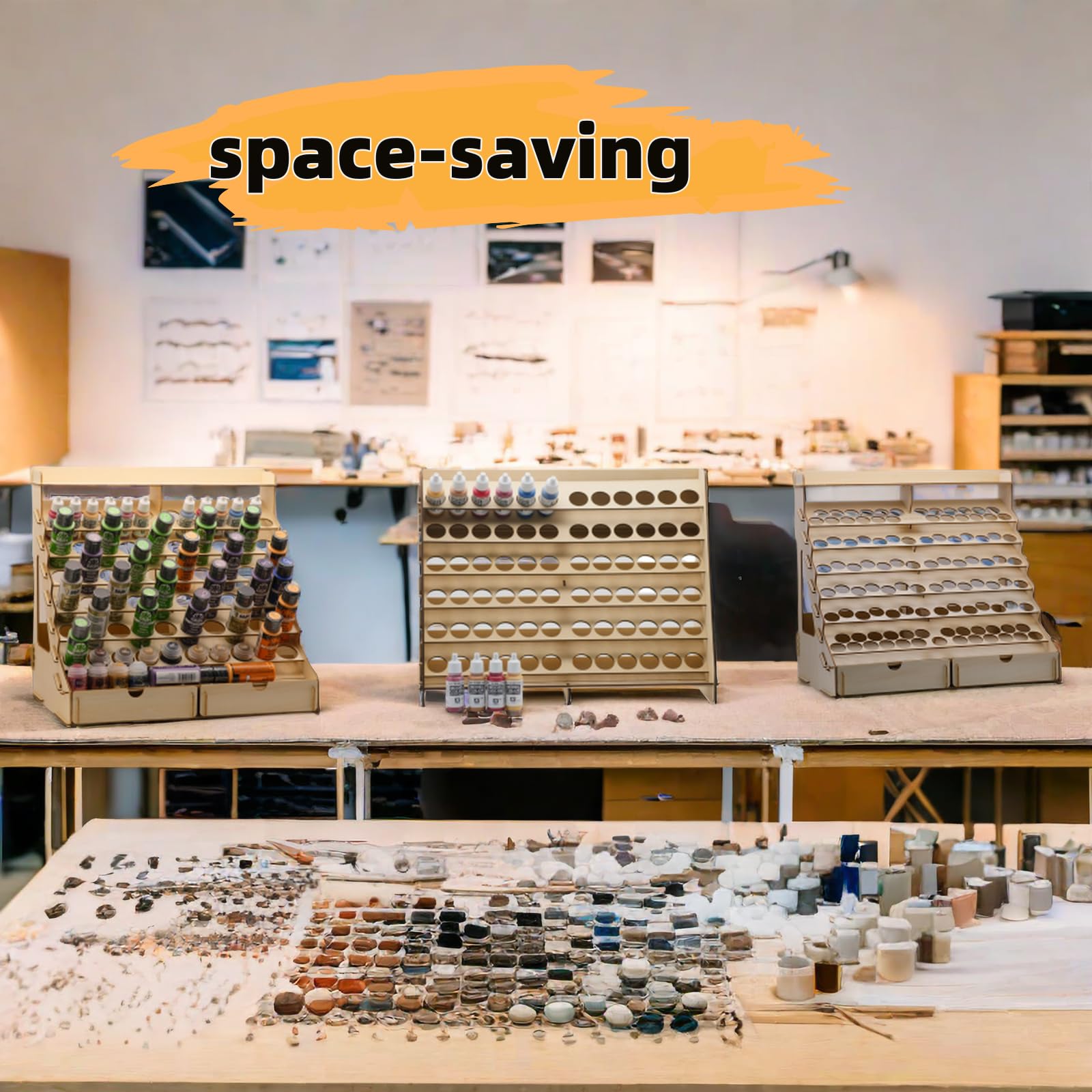 Modułowy drewniany organizer na farby rzemieślnicze, pomieści 105 butelek farb Vallejo, 14 pędzli, 2 szafki i miniaturowe stojaki, stojak do przechowywania narzędzi artystycznych do