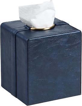 Luxury Square Tissue Box Cover, PU Leather Tissue Box Holder with Magnetic Closure and Gold Decorative Grommets for Bathroom Bedroom, Decorative Elegant Cube Tissue Holder Blue