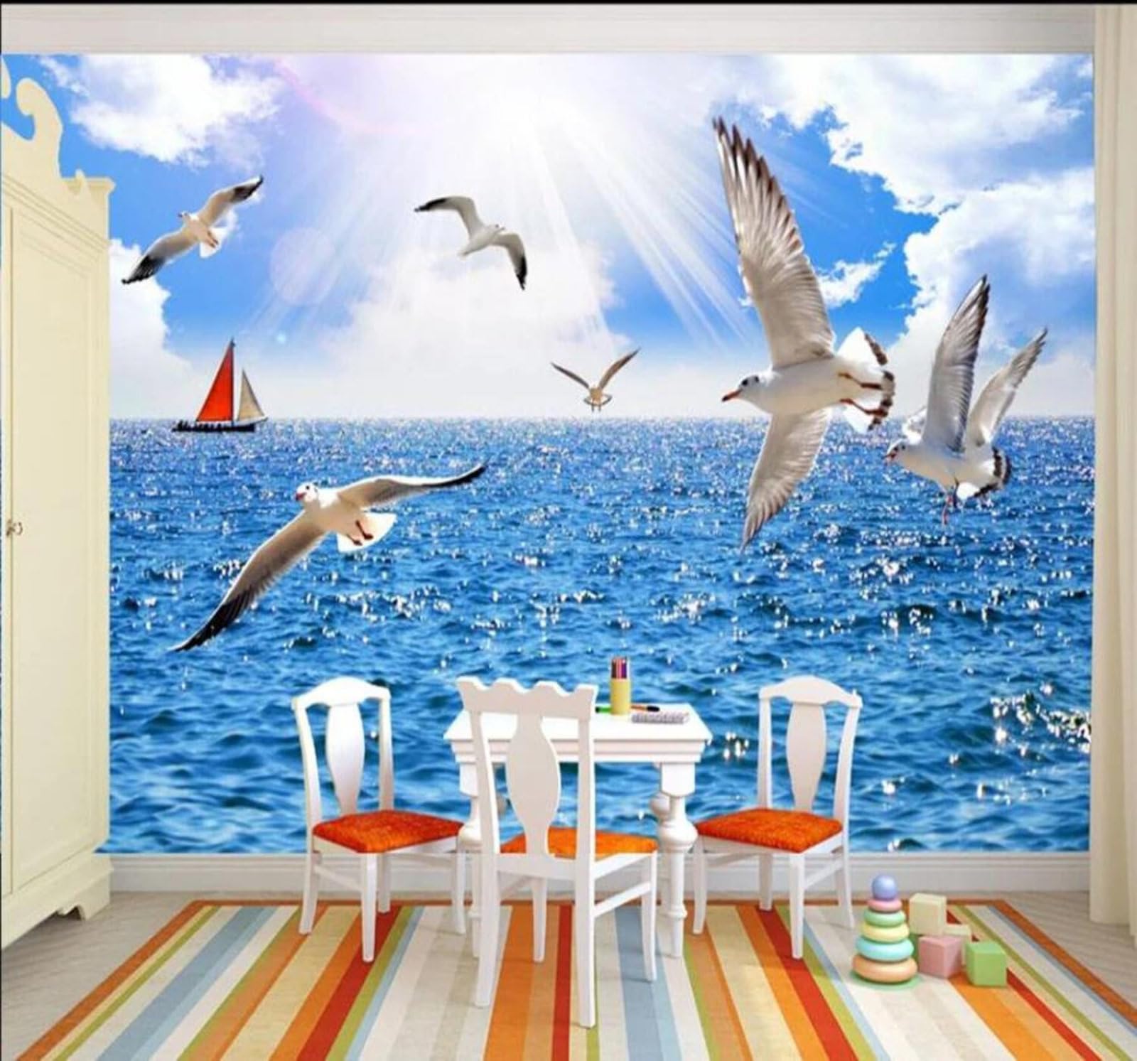 Tzxztt 430Cm×300Cm(B×H) Fresh Ocean Sailboat Seagull Flying Modern 3D Wallpaper Premium Textured Silk Neutral Tones Material Ideal For Living Room Bedroom-430Cm×300Cm