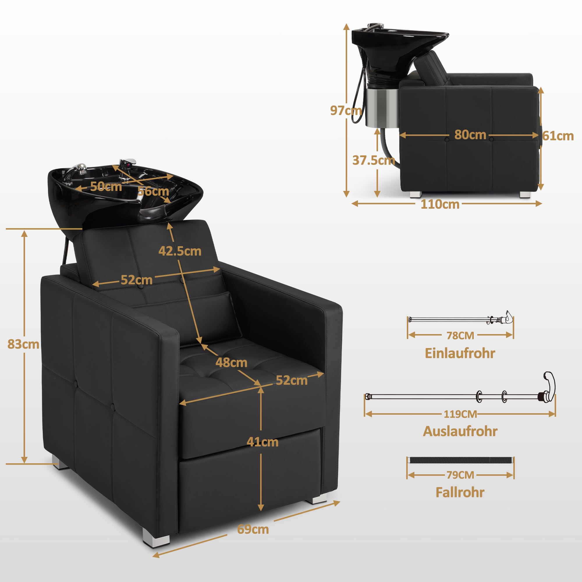 Barberpub W8010 - Silla de peluquería con lavabo, lavabo de cerámica ajustable, sillón de lavado hacia atrás para spa y peluquería (negro)