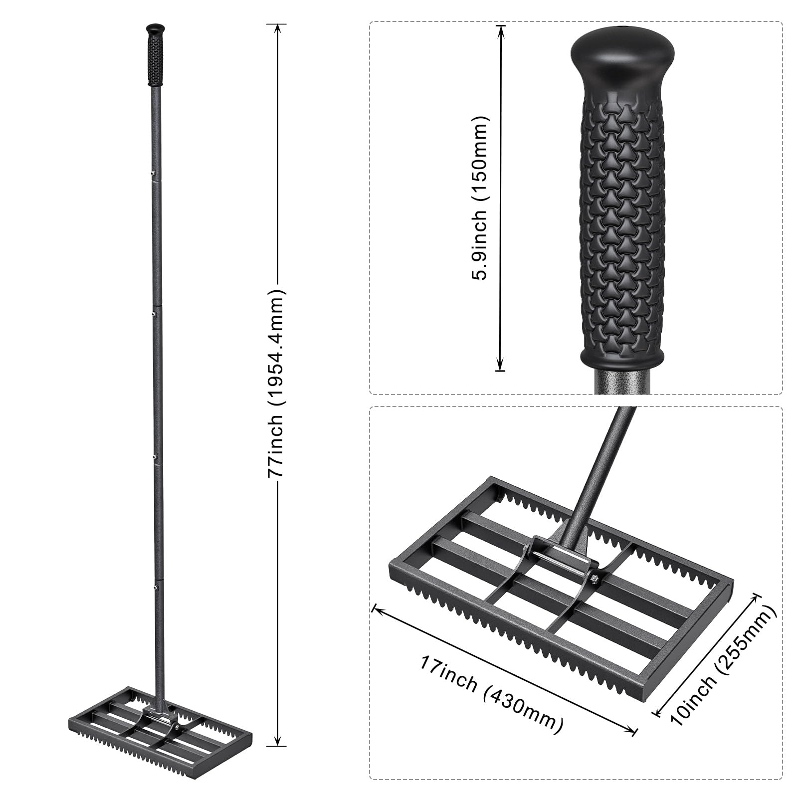 Insaga Rastrillo de nivelación de césped con bordes redondeados, rastrillo de nivelación de 17 x 10 pulgadas con dientes para nivelar el césped, herramienta de nivelación de césped resistente con