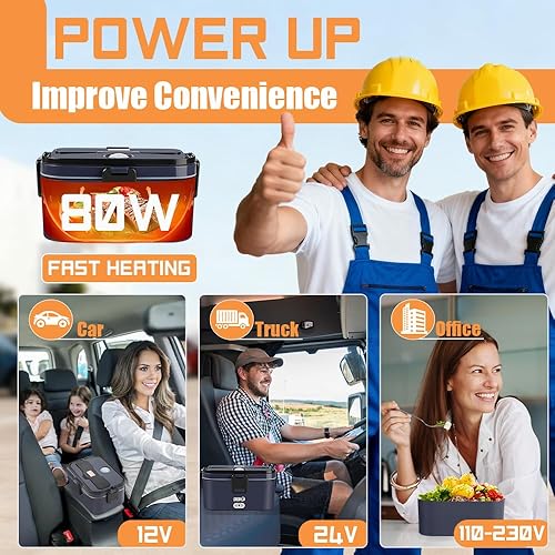 Miniatura 2 de Fiambrera eléctrica de 80 W para adultos, calentador de almuerzo de 1.8 L con 2 compartimentos para camionecochetrabajo, lonchera térmica portátil