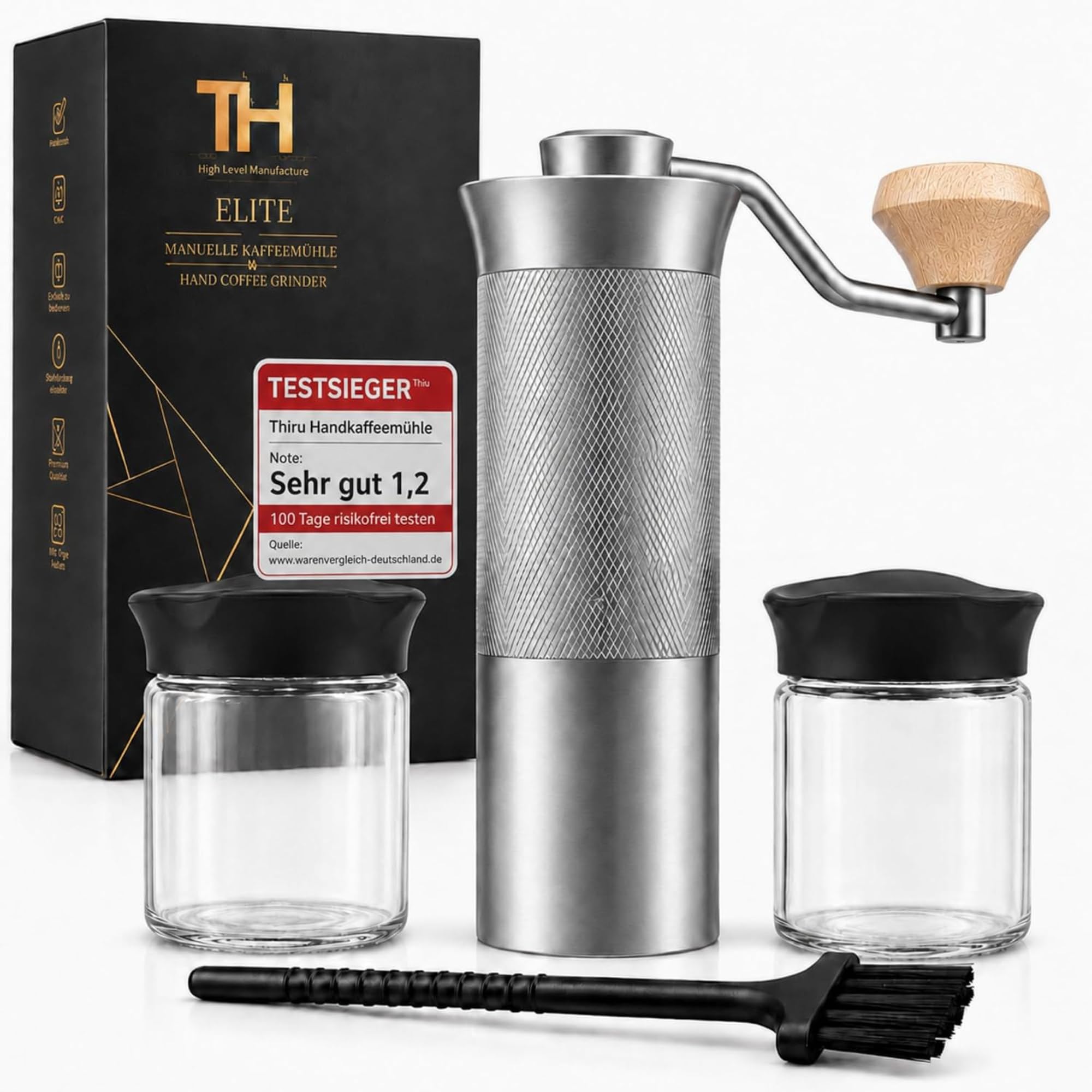 Thiru Premium Handkaffeemühle manuell, Edelstahl-Kegelmahlwerk, Holzgriff, Set mit 2 Glasbehältern