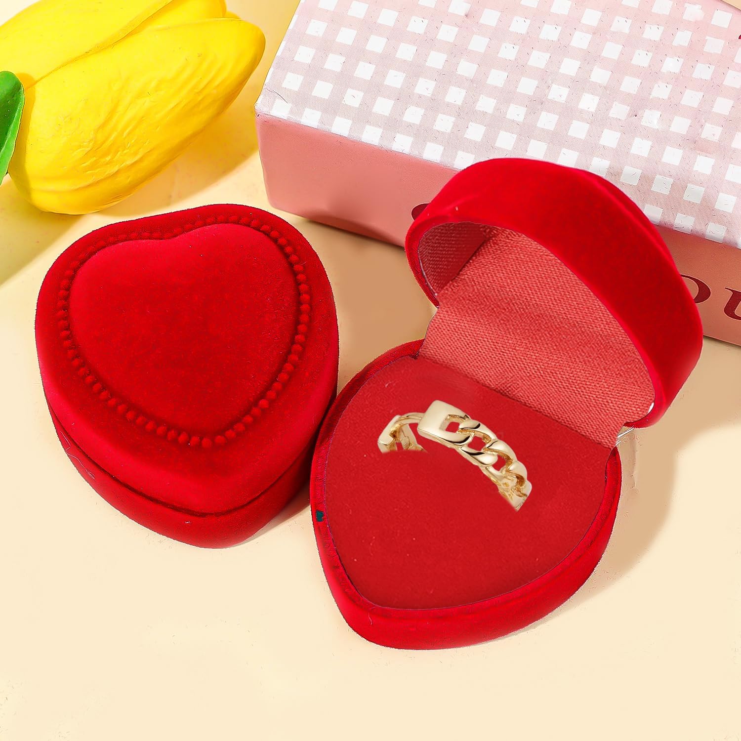 Flocking Red Heart Ring Boxes Necklace Earring Display Case Valentine Day Gift Box Jewelry Organizer (1Pcs-#01 Ring Box)