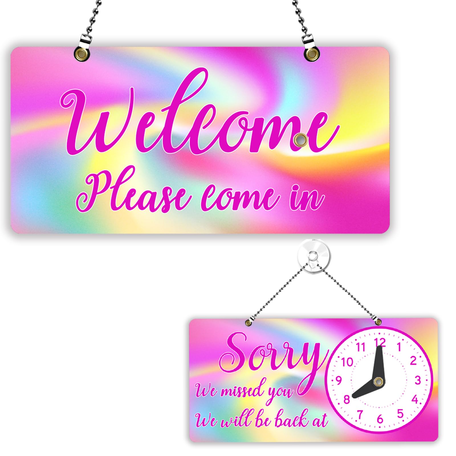 PLIGREAT Rainbow Swirl Double Sided Open Closed Sign with Clock Welcome Please Come In Sorry We Missed You Signs for Business Retail Store Window Wall Decor Hanging Door Signs with Chain, Pink